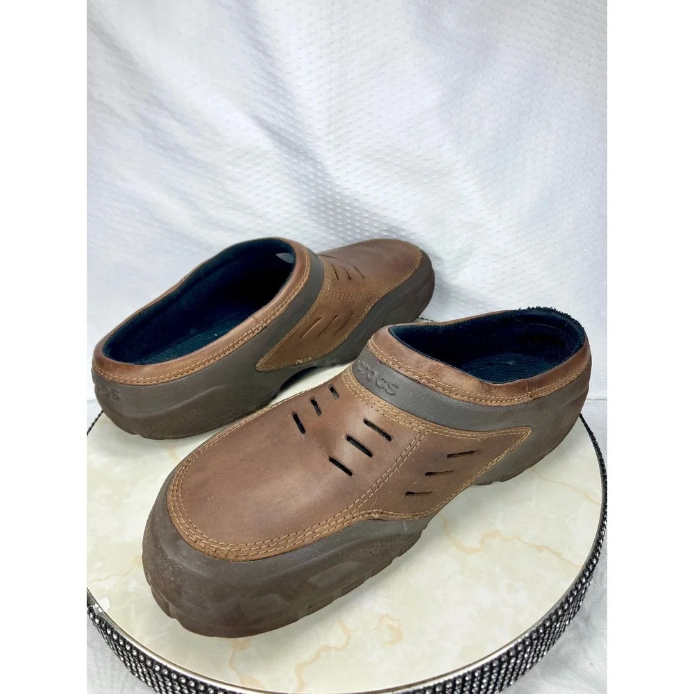 Crocs Leather Yukon Sport Clog Men 13 Brown Comfort Rugged Slip On Outdoor Mules